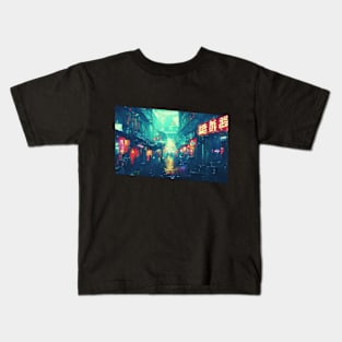 Cyberpunk Neon Rain City Kids T-Shirt